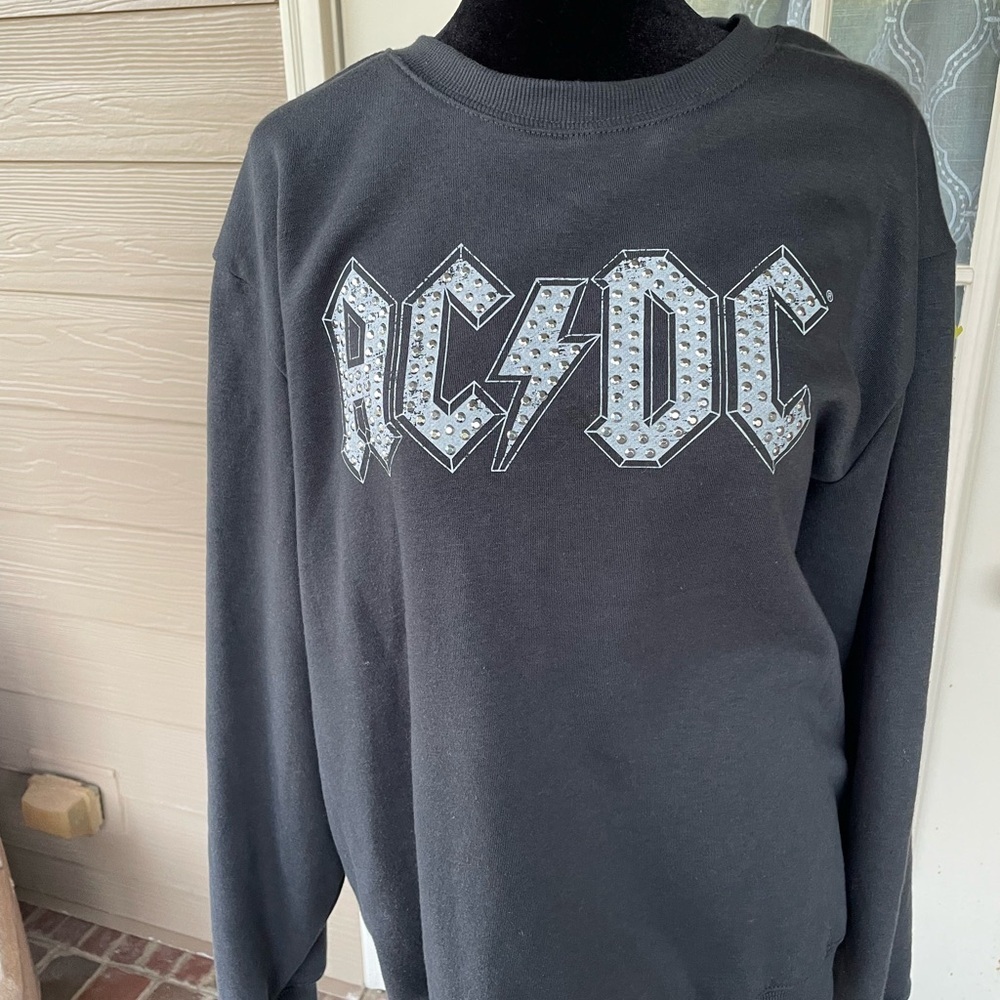 Vinyl Icons AC/DC Graphic Sweatshirt XS Black Studded Logo Fringe Back Rock Band
